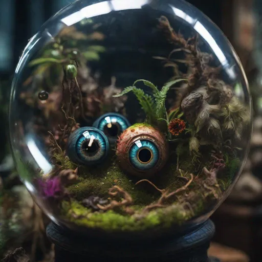 Prompt: Eyeballs in a terrarium. natural lighting: canon lens: 8k resolution: focus. Creepy: hyperdetailed: hyperrealistic: deep colors: beautiful nature: horror: Beautiful: by N. C. Winters and Giuseppe Arcimboldo: gustav doré: Amanda sage: Matt hubel: professional photography: Vladimir manyukhin: Dan mumford Holographic moody: imposing: arcane: ethereal: magnificent: cinematic: masterpiece: divine: amazing depth of field: beautiful nature