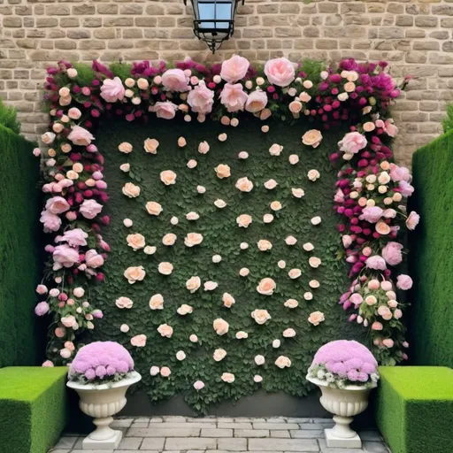 Prompt: 
Garden wall arranged with flowers in an aristocratic way