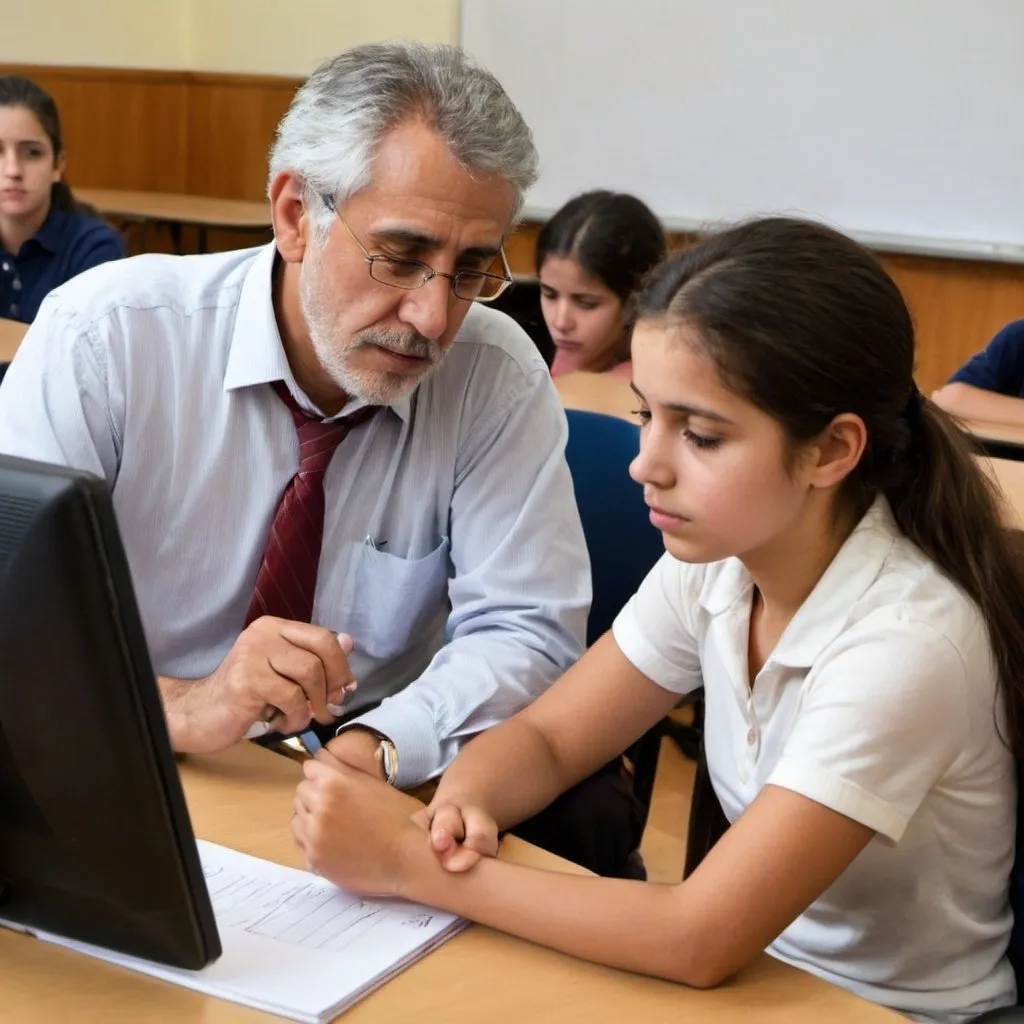 Prompt: En esta imagen, podr�as representar a un maestro y un estudiante interactuando en un aula. El maestro podr�a estar sentado junto a un escritorio o de pie cerca del estudiante, mostrando una expresi�n amable y comprensiva en su rostro. Podr�an estar teniendo una conversaci�n en la que el maestro escucha atentamente al estudiante, con una postura abierta y receptiva. El estudiante podr�a estar expresando emociones como tristeza o preocupaci�n, mientras que el maestro le brinda apoyo emocional, colocando una mano en su hombro o mir�ndolo con calidez y empat�a.