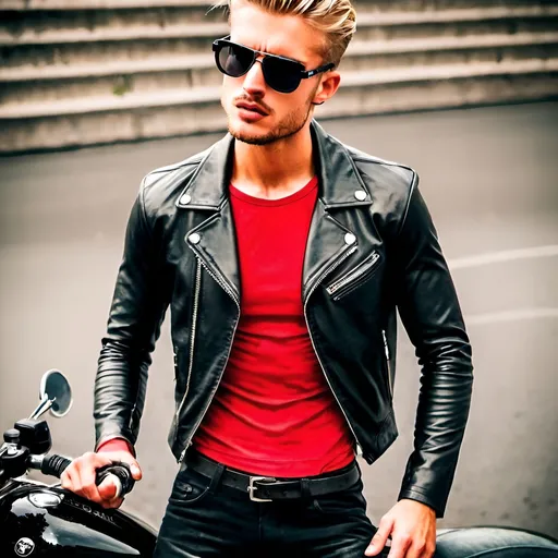 Prompt: Male, 25 years, blond hair, motorcycle, red tight shirt.
