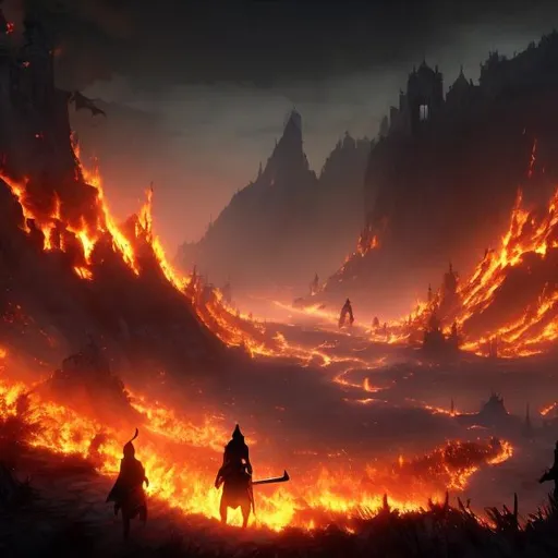 Prompt: A burning kingdom, and there is a black person walking in the middle of it, carrying a sword, a longitudinal image
