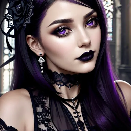 Prompt: "Transform this image of a woman's face by altering everything except her face. Apply an elegant gothic style to the surroundings, incorporating elements such as intricate lace patterns, dark and rich color palettes, and ornate gothic architecture. Ensure the overall atmosphere is feminine, mysterious, and sophisticated, with a touch of vintage elegance."also,i need her hair to be purple-black maintaining all her face
