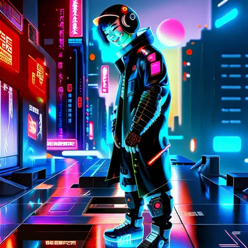 Prompt: Sunrise,Futuristic cybernetic DJ asian,smiling,tattoo, Dj Deck, sleek metallic body with glowing neon accents, vibrant and energetic pose, high-tech  features, neon-lit urban cityscape in the background, vivid and striking colors, anime, cyberpunk, highres, detailed , vibrant neon, futuristic, dynamic pose, professional, atmospheric lighting 64k