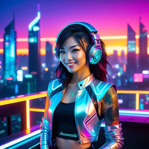 Prompt: Sunrise,Futuristic cybernetic DJ asian woman,smiling,tattoo, Dj Deck, sleek metallic body with glowing neon accents, vibrant and energetic pose, high-tech  features, neon-lit urban cityscape in the background, vivid and striking colors, anime, cyberpunk, highres, detailed , vibrant neon, futuristic, dynamic pose, professional, atmospheric lighting 64k