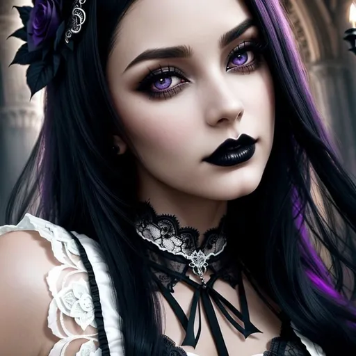 Prompt: "Transform this image of a woman's face by altering everything except her face. Apply an elegant gothic style to the surroundings, incorporating elements such as intricate lace patterns, dark and rich color palettes, and ornate gothic architecture. Ensure the overall atmosphere is feminine, mysterious, and sophisticated, with a touch of vintage elegance."also,i need her hair to be purple-black
