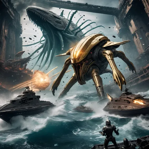 Prompt: "Epic 8K scene: A gold Cylon Raider soars in combat, its metallic sheen glinting amidst the chaos. A Kraken’s tentacles thrash as it battles a massive dreadnought, while Atlantis lies half-destroyed in the background, glowing ruins submerged. Explosions and energy beams illuminate the underwater battlefield."