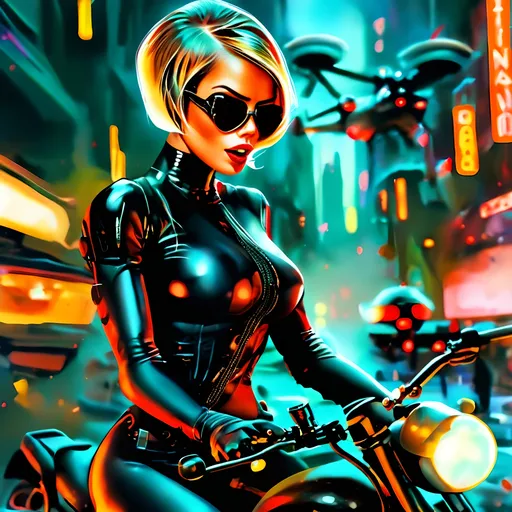 Prompt: digital watercolor paintingA blonde woman with short hair, dressed in black latex, rides a hoverbike through a futuristic city. With intense detail, she fires her handgun at three bandits chasing her, while helicopters overhead unleash gunfire towards them. Action-packed and cinematic, with high-tech visuals., paint splatter, black and red, bold brush strokes, art nouveau