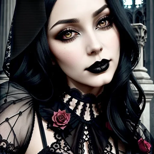 Prompt: "Transform this image of a woman's face by altering everything except her face. Apply an elegant gothic style to the surroundings, incorporating elements such as intricate lace patterns, dark and rich color palettes, and ornate gothic architecture. Ensure the overall atmosphere is feminine, mysterious, and sophisticated, with a touch of vintage elegance."