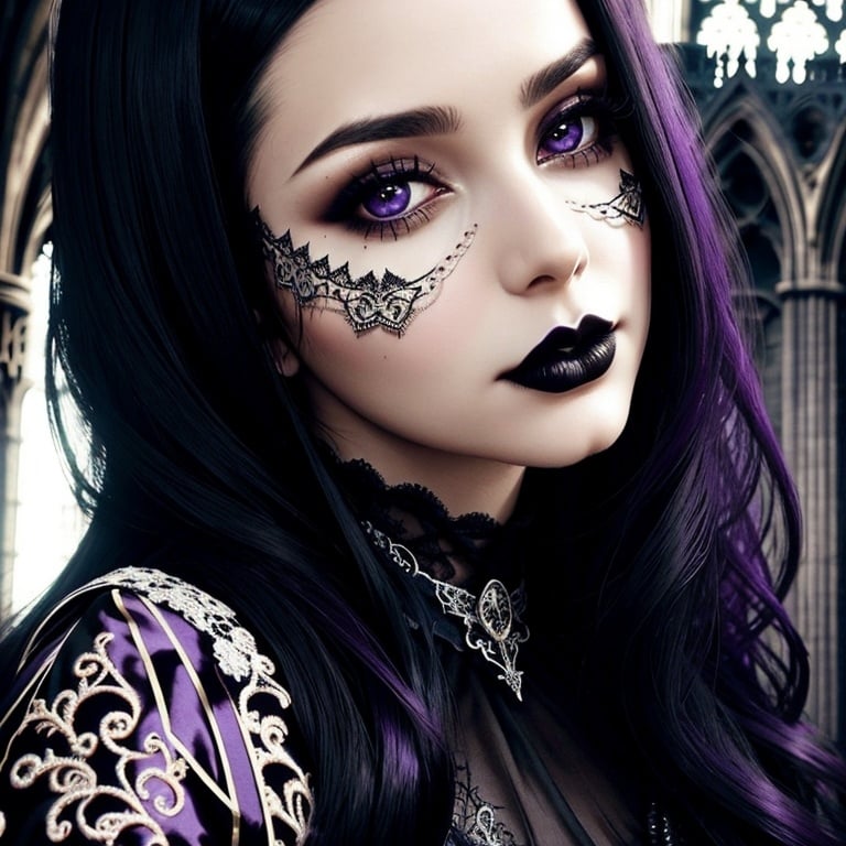 Prompt: "Transform this image of a woman's face by altering everything except her face. Apply an elegant gothic style to the surroundings, incorporating elements such as intricate lace patterns, dark and rich color palettes, and ornate gothic architecture. Ensure the overall atmosphere is feminine, mysterious, and sophisticated, with a touch of vintage elegance."also,i need her hair to be purple-black maintaining all her face
