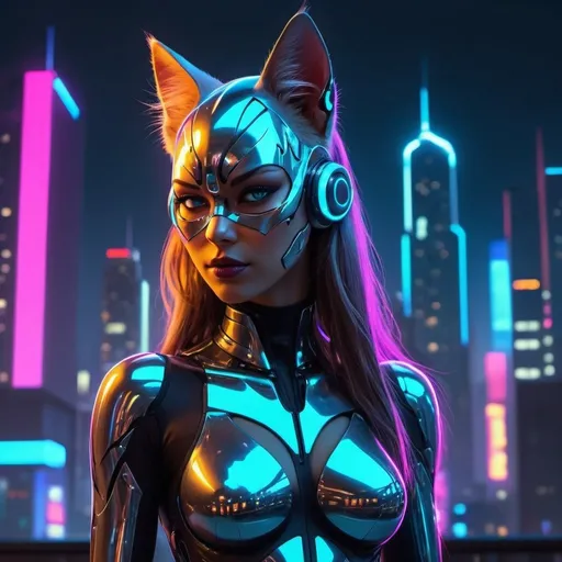 Prompt: Futuristic cybernetic cat-woman, sleek metallic body with glowing neon accents, vibrant and energetic pose, high-tech feline features, neon-lit urban cityscape in the background, vivid and striking colors, anime, cyberpunk, highres, detailed fur, vibrant neon, futuristic, dynamic pose, professional, atmospheric lighting 8k