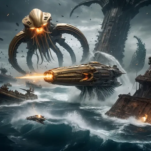 Prompt: "Epic 8K scene: A gold Cylon Raider soars in combat, its metallic sheen glinting amidst the chaos. A Kraken’s tentacles thrash as it battles a massive dreadnought, while Atlantis lies half-destroyed in the background, glowing ruins submerged. Explosions and energy beams illuminate the underwater battlefield."