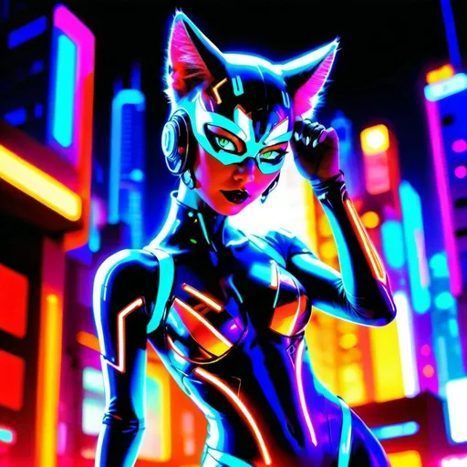 Prompt: Futuristic cybernetic cat-woman, sleek metallic body with glowing neon accents, vibrant and energetic pose, high-tech feline features, neon-lit urban cityscape in the background, vivid and striking colors, anime, cyberpunk, highres, detailed fur, vibrant neon, futuristic, dynamic pose, professional, atmospheric lighting