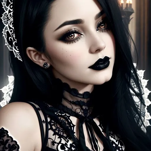 Prompt: "Transform this image of a woman's face by altering everything except her face. Apply an elegant gothic style to the surroundings, incorporating elements such as intricate lace patterns, dark and rich color palettes, and ornate gothic architecture. Ensure the overall atmosphere is feminine, mysterious, and sophisticated, with a touch of vintage elegance."