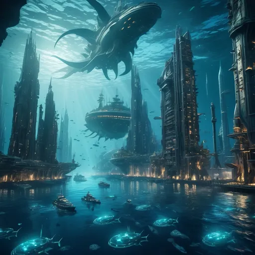 Prompt: "Futuristic Atlantis underwater city, 8K. Evolving tech with glowing skyscrapers rising from the ocean floor, linked by illuminated tunnels. A Kraken lurks nearby as dreadnoughts and battleship rays patrol the waters. Bioluminescent sea life and holographic displays fill the scene