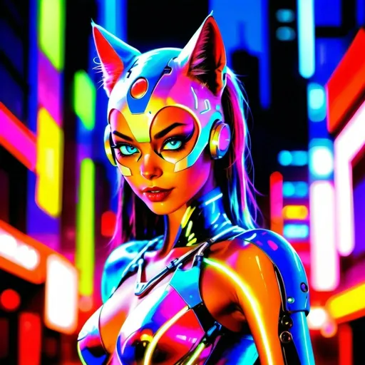 Prompt: Futuristic cybernetic cat-woman, sleek metallic body with glowing neon accents, vibrant and energetic pose, high-tech feline features, neon-lit urban cityscape in the background, vivid and striking colors, anime, cyberpunk, highres, detailed fur, vibrant neon, futuristic, dynamic pose, professional, atmospheric lighting