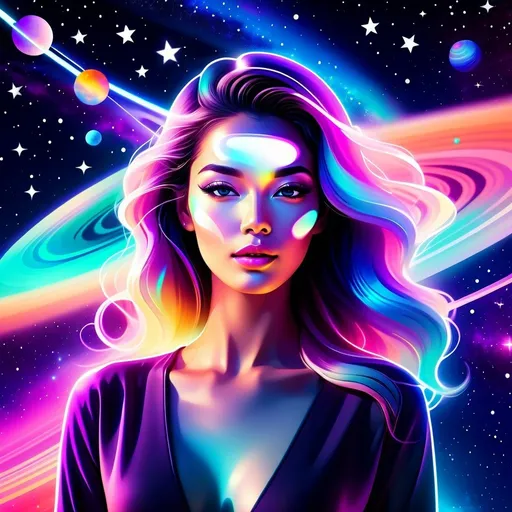 Prompt: Futuristic-vaporwave illustration of a woman amidst cosmic expanse, vibrant and dreamy, swirling galaxies, twinkling stars, streaking comets, ethereal beauty, celestial connection, high-quality, futuristic-vaporwave, cosmic, dreamy, vibrant colors, swirling galaxies, twinkling stars, streaking comets, ethereal beauty, celestial connection, bridging humanity and the universe, cosmic colors, surreal lighting 64k