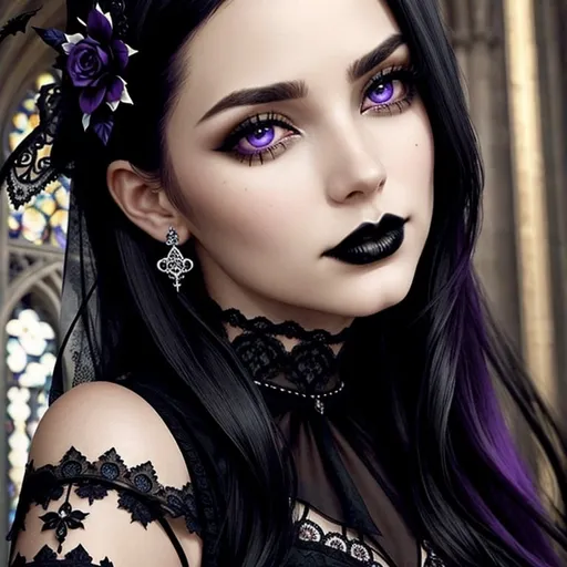 Prompt: Transform this image of a woman's face by altering everything except her face, ensuring that the facial features and eye color remain unchanged. Apply an elegant gothic style to the surroundings, incorporating elements such as intricate lace patterns, dark and rich color palettes, and ornate gothic architecture. Ensure the overall atmosphere is feminine, mysterious, and sophisticated, with a touch of vintage elegance,purple black hair