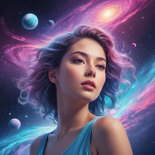 Prompt: Futuristic-vaporwave illustration of a woman amidst cosmic expanse, vibrant and dreamy, swirling galaxies, twinkling stars, streaking comets, ethereal beauty, celestial connection, high-quality, futuristic-vaporwave, cosmic, dreamy, vibrant colors, swirling galaxies, twinkling stars, streaking comets, ethereal beauty, celestial connection, bridging humanity and the universe, cosmic colors, surreal lighting
