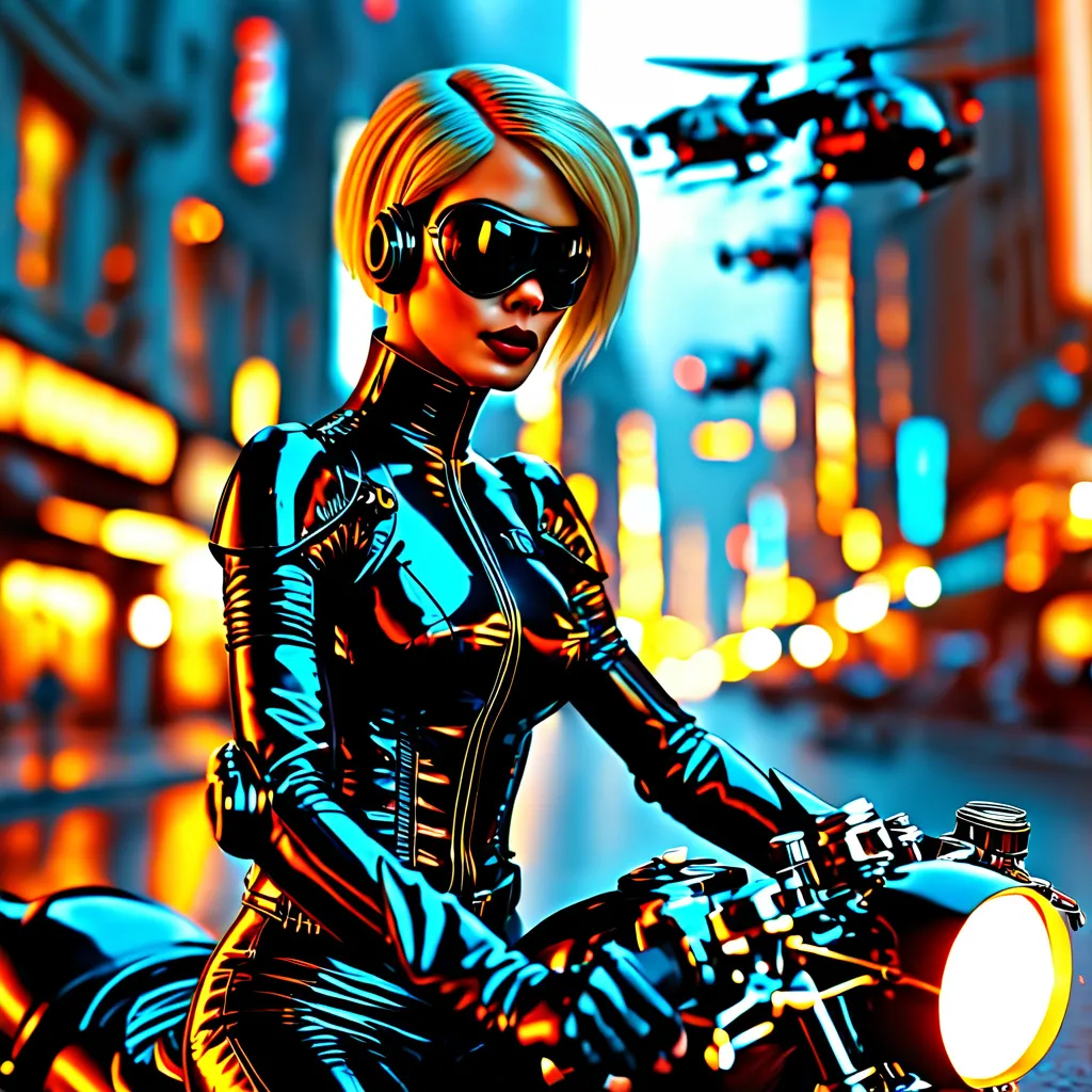 Prompt: A blonde woman with short hair, dressed in black latex, rides a hoverbike through a futuristic city. With intense detail, she fires her handgun at three bandits chasing her, while helicopters overhead unleash gunfire towards them. Action-packed and cinematic, with high-tech visuals.