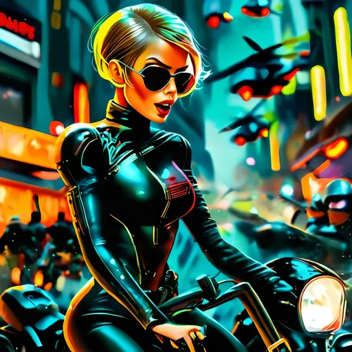 Prompt: digital watercolor paintingA blonde woman with short hair, dressed in black latex, rides a hoverbike through a futuristic city. With intense detail, she fires her handgun at three bandits chasing her, while helicopters overhead unleash gunfire towards them. Action-packed and cinematic, with high-tech visuals., paint splatter, black and red, bold brush strokes, art nouveau