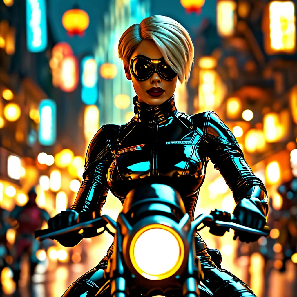 Prompt: A blonde woman with short hair, dressed in black latex, rides a hoverbike through a futuristic city. With intense detail, she fires her handgun at three bandits chasing her, while helicopters overhead unleash gunfire towards them. Action-packed and cinematic, with high-tech visuals.