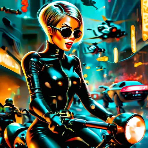 Prompt: digital watercolor paintingA blonde woman with short hair, dressed in black latex, rides a hoverbike through a futuristic city. With intense detail, she fires her handgun at three bandits chasing her, while helicopters overhead unleash gunfire towards them. Action-packed and cinematic, with high-tech visuals., paint splatter, black and red, bold brush strokes, art nouveau