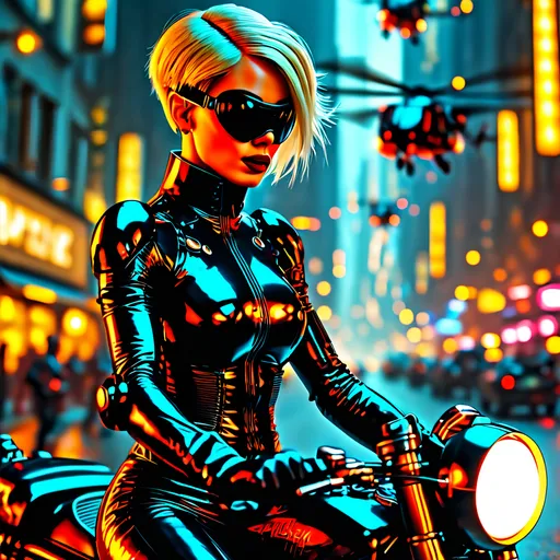 Prompt: A blonde woman with short hair, dressed in black latex, rides a hoverbike through a futuristic city. With intense detail, she fires her handgun at three bandits chasing her, while helicopters overhead unleash gunfire towards them. Action-packed and cinematic, with high-tech visuals.