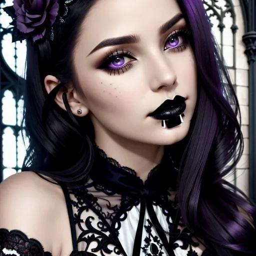 Prompt: "Transform this image of a woman's face by altering everything except her face. Apply an elegant gothic style to the surroundings, incorporating elements such as intricate lace patterns, dark and rich color palettes, and ornate gothic architecture. Ensure the overall atmosphere is feminine, mysterious, and sophisticated, with a touch of vintage elegance."also,i need her hair to be purple-black maintaining all her face
