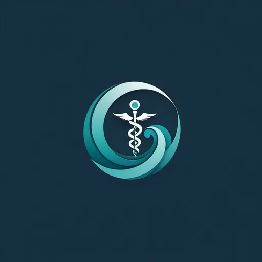 Prompt: Abstract logo for a medical practice, hints of the sea and harbour, cool tones, minimalistic design, clean lines, modern aesthetic, professional, subtle nautical elements, stylized wave, asclepius, shades of teal, turquoise, and navy blue, calming atmosphere, ultra-detailed, high-quality, muted background, sleek and elegant, gentle gradients, design suitable for branding, scalable vector graphic, high resolution.