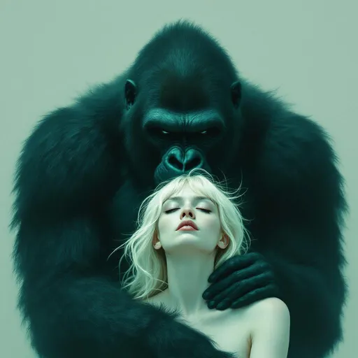 Prompt: This is a striking image that effectively captures the relationship between the two figures. The dark gorilla-like entity looms powerfully behind the pale figure with white-blonde hair. The contrast between the massive, textured dark form and the delicate, pale human figure creates a compelling visual tension. The gorilla's silhouette is clearly defined with broad shoulders and distinctive features, while its presence seems to influence the human figure's hair, which appears to be flowing upward toward the dark entity.

The teal/green color palette and painterly style give the image a dreamlike, surreal quality that enhances its emotional impact. The composition draws the viewer's eye to both the human figure's face and the dark shape behind it, creating a sense of both protection and threat simultaneously.
