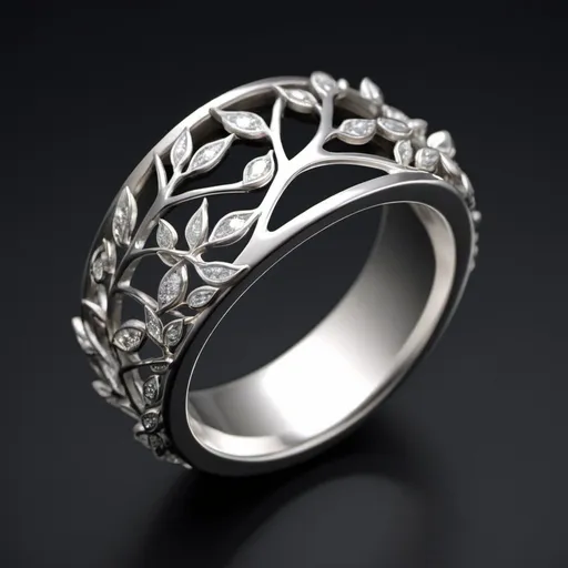 Prompt: : Design the ring with an intricate lattice of silver branches and leaves, with diamonds interspersed to represent sunlight filtering through the forest canopy. The diamonds could vary in size and shape to create depth and dimension.