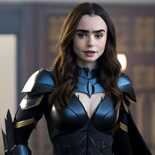 Prompt: lily collins as hot batman armor open unbuttoned