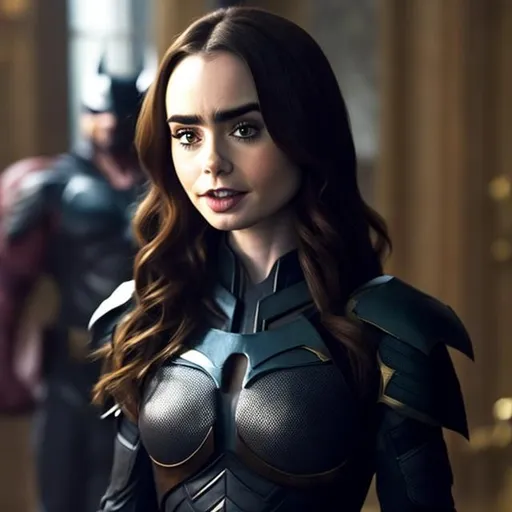 Prompt: lily collins as hot batman armor open unbuttoned