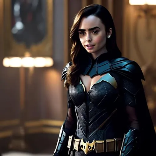 Prompt: lily collins as hot batman armor open unbuttoned