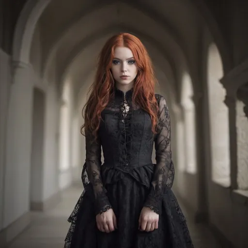 Prompt: young adult female redhead, gothic style clothes, full body in natural pose