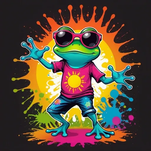 Prompt: tshirt design, colourful, no background, frog with sun glasses, dancing at a festival, ink splash, 8k