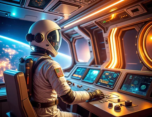 Prompt: In a futuristic spacecraft cockpit bathed in the warm glow of orange LED lights, an astronaut, clad in a sleek white spacesuit with an American flag patch, intently monitors an array of control panels. The scene captures a vast view of Earth, with its vibrant blues and greens contrasted against the blackness of space, visible through large, rounded windows. The astronaut's helmet, reflecting the intricate console filled with glowing buttons and screens, hints at a moment of focused exploration and potential discovery. The sophisticated environment combines both advanced technology and a sense of adventure, evoking a mood of wonder and curiosity amidst the cosmos. The composition emphasizes the delicate balance between human ingenuity and the infinite expanse beyond.