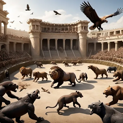 Prompt: Create a battle scene with hawks, crocodiles, brown bears,  wolves,  buffalo, rats, gorillas, and lions. The setting should be in a roman arena. The hawks should be flying around attacking the other animals