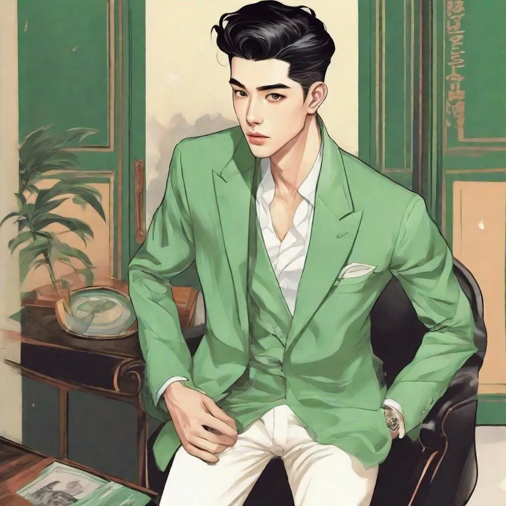 Prompt: handsome young man on the first page of magazine, with eyes green and elegants clothes, with a black hair similar like a korean but with big eyes, 50's editorial color illustration