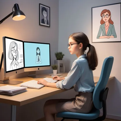 Prompt: a  girl of a person sitting at a desk with a computer and a cartoon picture of a woman sitting at a desk, Ei-Q, remodernism,  real life, computer graphics