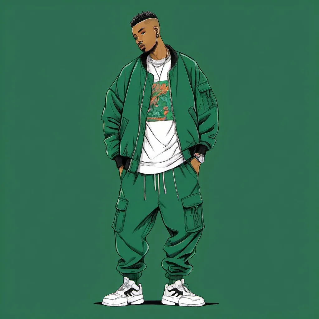 Prompt: Fashion illustration in colorful pen drawing of man in baggy 90s hip hop joggers in dark green and a baggy 90s shirt with a  big bomber jacket with japanese design 