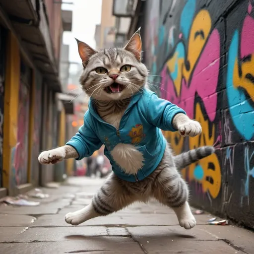 Prompt: (cat break dancing), dynamic action pose, (colorful) graffiti background, vibrant urban setting, whimsical and playful atmosphere, (funny), emphasizing energy and movement, attention to details on fur and expressions, (highly detailed), depth of scene with textures, (4K resolution), light reflections enhancing the energetic vibe.