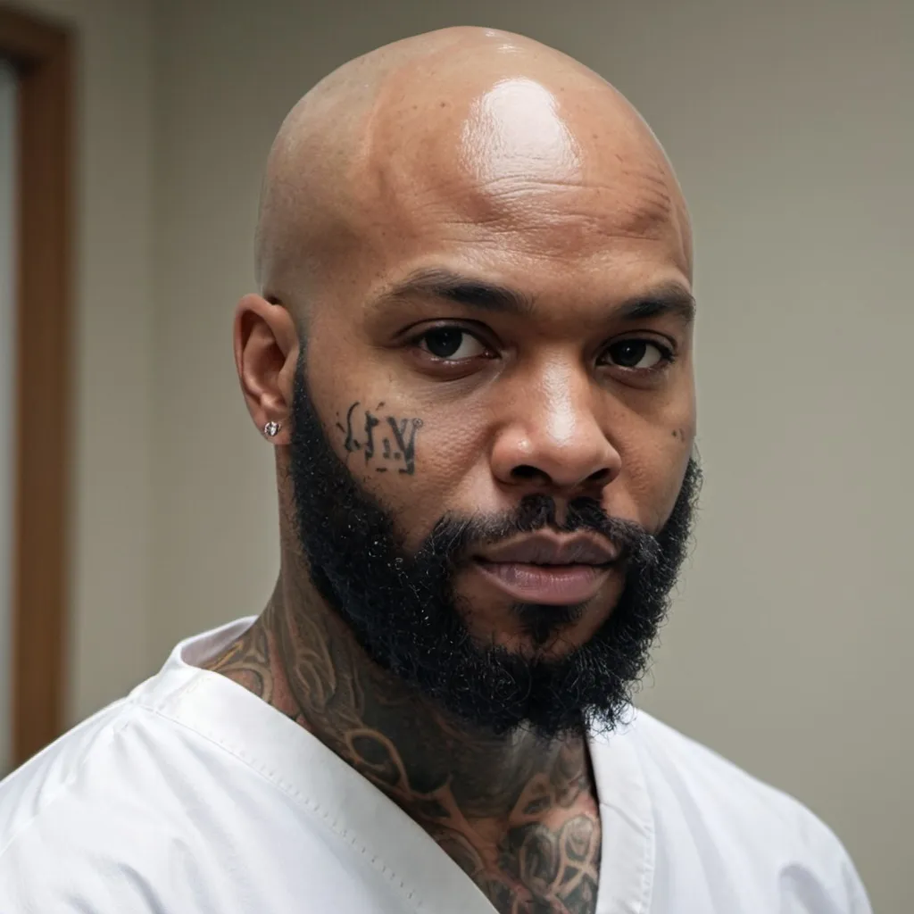 Prompt: Buff African American man with bald head and a thick beard covered in tattoos from the neck down, wearing white nurse scrubs