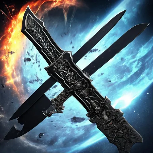 Prompt: A black sword floating in space ,with the word "ZACHA" engraved into the blade , with a black hole and weird letters In The back