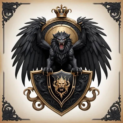 Prompt: A family crest featuring a black manticore viciously fighting a white chimera on a large ornate shield, with menacing halberds on either side, pointing upwards and slightly outwards. The crest should include black feathers and flames, and be topped by a simply black crown. The banner below the crest should say The Namazie Fund, and below than in smaller script should be the words Est. 2022