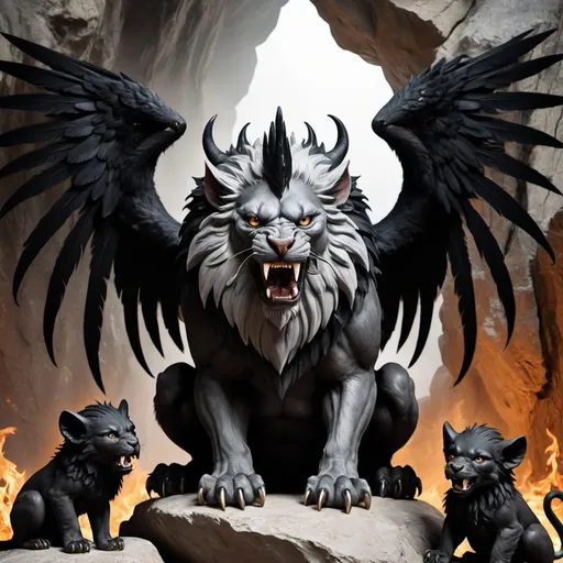 Prompt: an aggressive, snarling black manticore wearing a crown and with large wings in a dramatic angled crouch, with one claw raised, hovering protectively over three small, helpless, innocent, cute grey wolf cubs. the background is a ominous looking cave set in an unforgiving rock face. black feathers and flames surround the scene. give the image a gothic feel