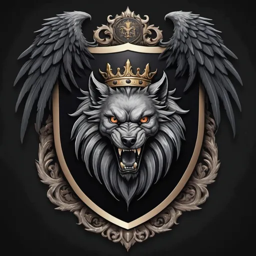 Prompt: design a family crest with an aggressive, snarling black manticore wearing a crown and with large wings in a dramatic angled crouch, with one claw raised, hovering protectively over three small, helpless, innocent, cute grey wolf cubs. the background is a large, prominent, ornate shield, visible behind the manticore and wolf cubs. on either side of the shield, there are menacing halberds pointed upwards and angled slightly outwards. black feathers and flames surround the shield. the banner below the shield says The Namazie Fund. the words Est. 2021 appear in small script at the bottom of the image. the image should fully fit within the square frame, and no part should be cut off. there are no other words or text or symbols that look like text anywhere on the image except as specified. give the image a gothic feel