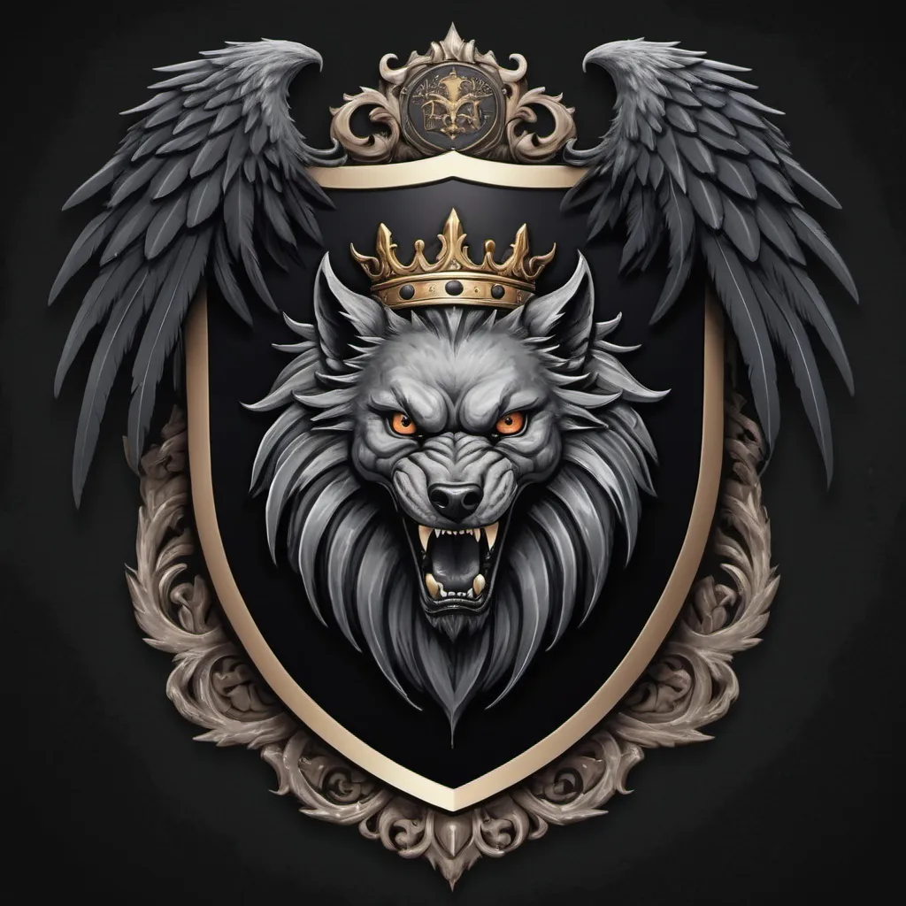 Prompt: design a family crest with an aggressive, snarling black manticore wearing a crown and with large wings in a dramatic angled crouch, with one claw raised, hovering protectively over three small, helpless, innocent, cute grey wolf cubs. the background is a large, prominent, ornate shield, visible behind the manticore and wolf cubs. on either side of the shield, there are menacing halberds pointed upwards and angled slightly outwards. black feathers and flames surround the shield. the banner below the shield says The Namazie Fund. the words Est. 2021 appear in small script at the bottom of the image. the image should fully fit within the square frame, and no part should be cut off. there are no other words or text or symbols that look like text anywhere on the image except as specified. give the image a gothic feel