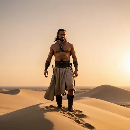 Prompt: long shot, khal drogo stands on a sand dune, against the sunset with his hands hanging down, each holding an arrakh.