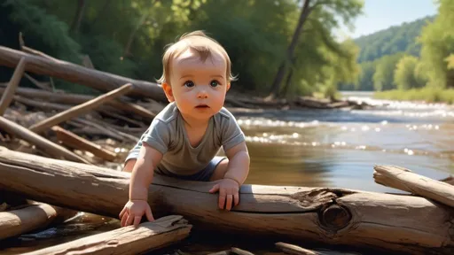 Prompt: Baby boy on wooden debris reaching the river, people washing clothes noticing him, serene river scene, realistic digital art, vibrant colors, warm natural lighting, detailed baby facial features, flowing river water, wooden debris, curious onlookers, high quality, detailed realism, natural lighting, river scene, curious observers, vibrant colors